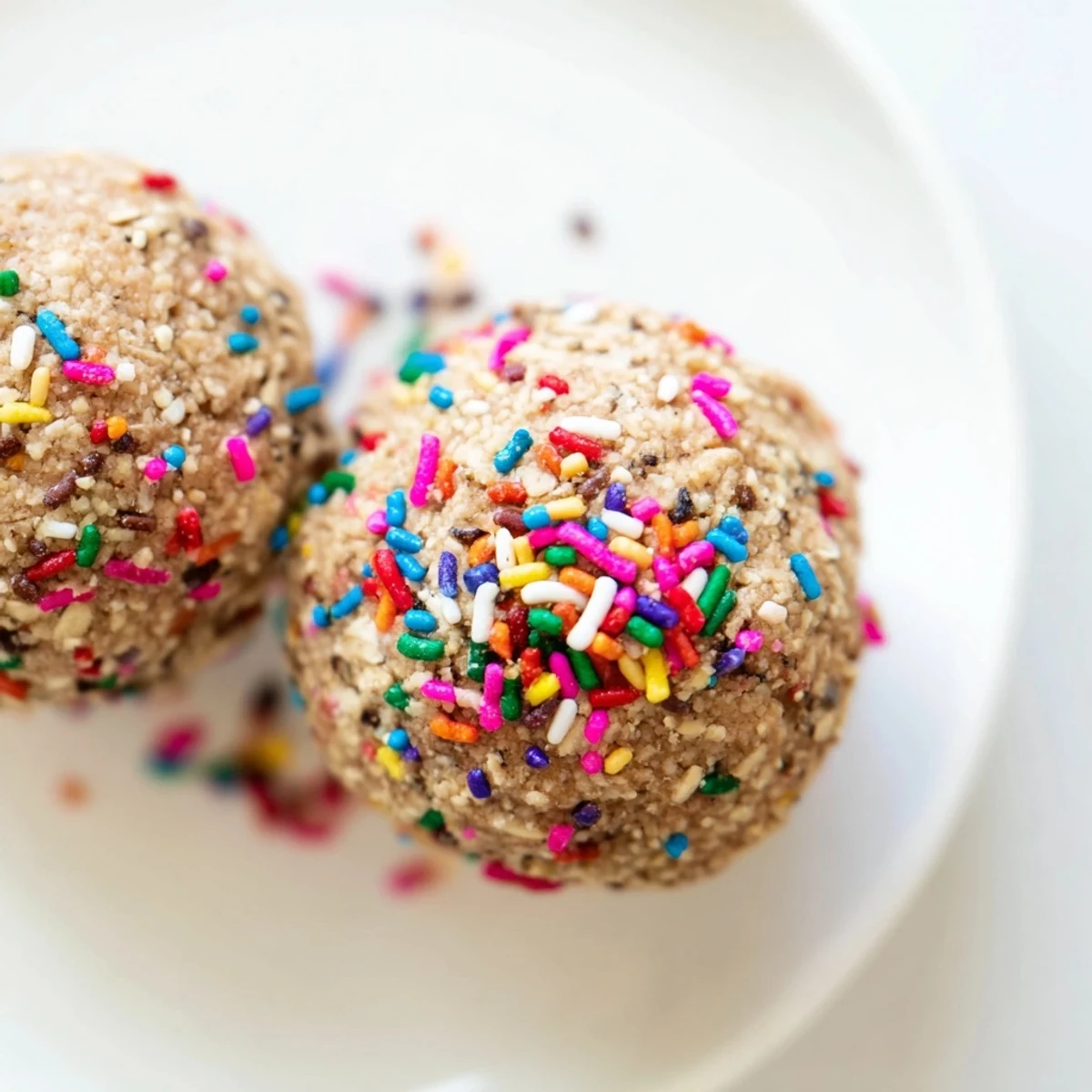 Stacked Birthday Cake Batter Protein Balls in a bowl, perfect for a healthy snack or post-workout treat.