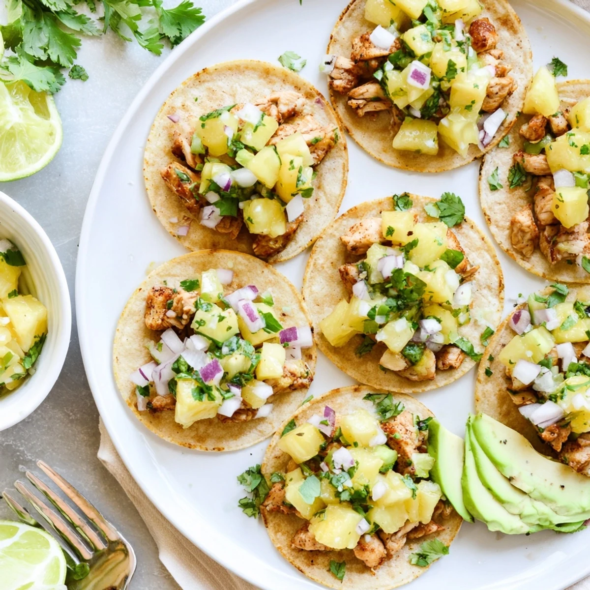 Freshly grilled Pineapple Chicken Tacos topped with avocado slices and extra cilantro on a plate.