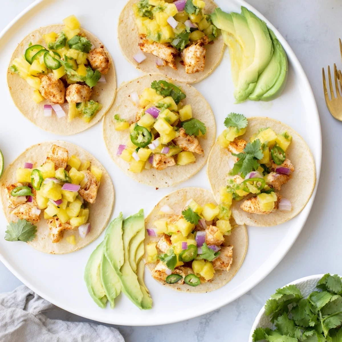 Steaming Pineapple Chicken Tacos with golden chicken chunks and vibrant pineapple salsa in warm corn tortillas.