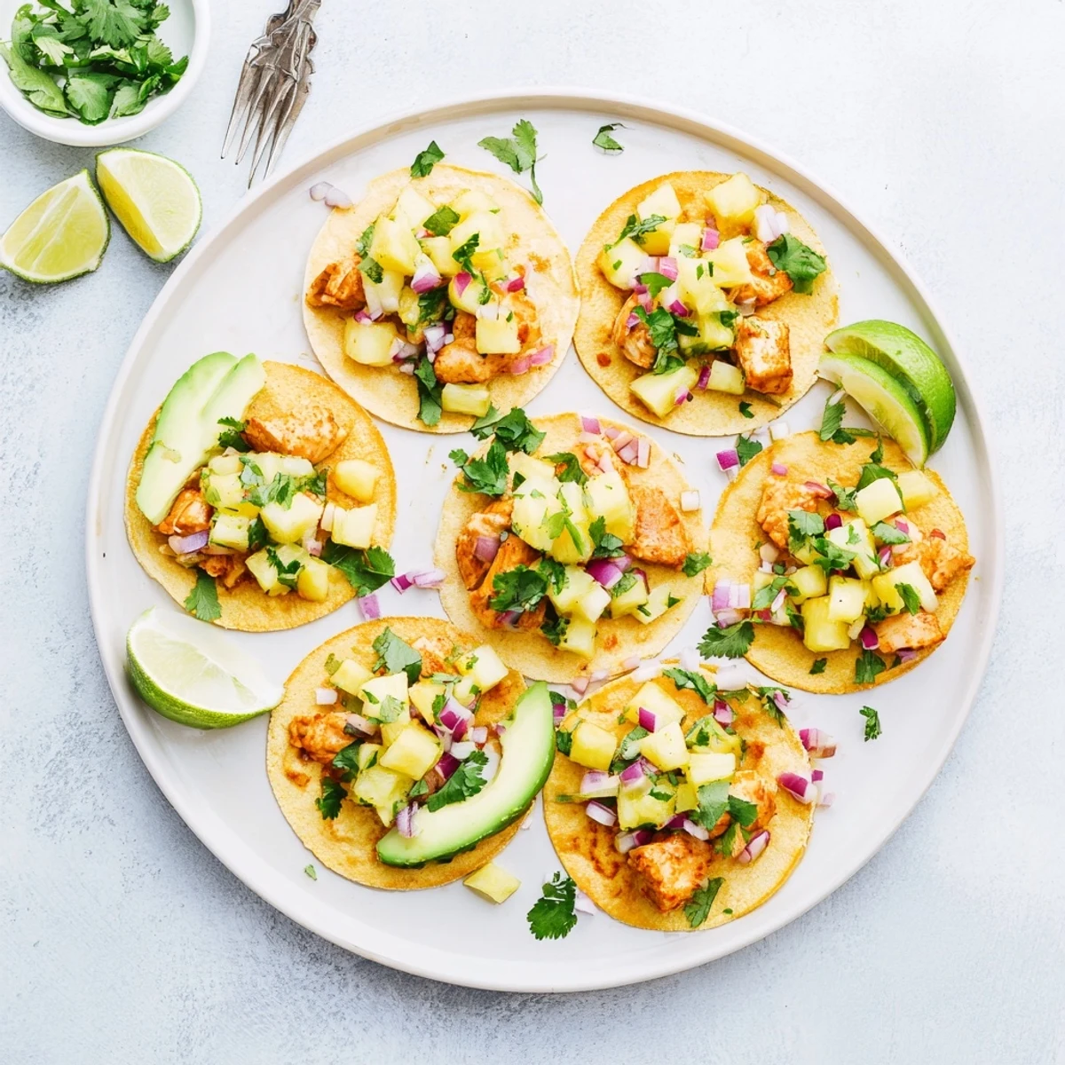 Close-up of Pineapple Chicken Tacos showing juicy chicken, diced pineapple salsa, and lime wedges ready to serve.