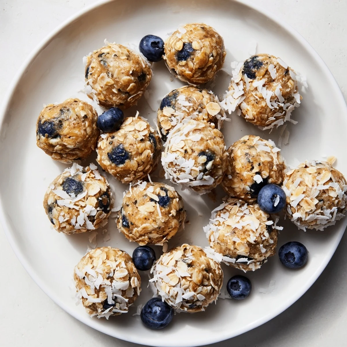 Lemon Blueberry Cottage Cheese Protein Bites rolled in shredded coconut on a white plate.