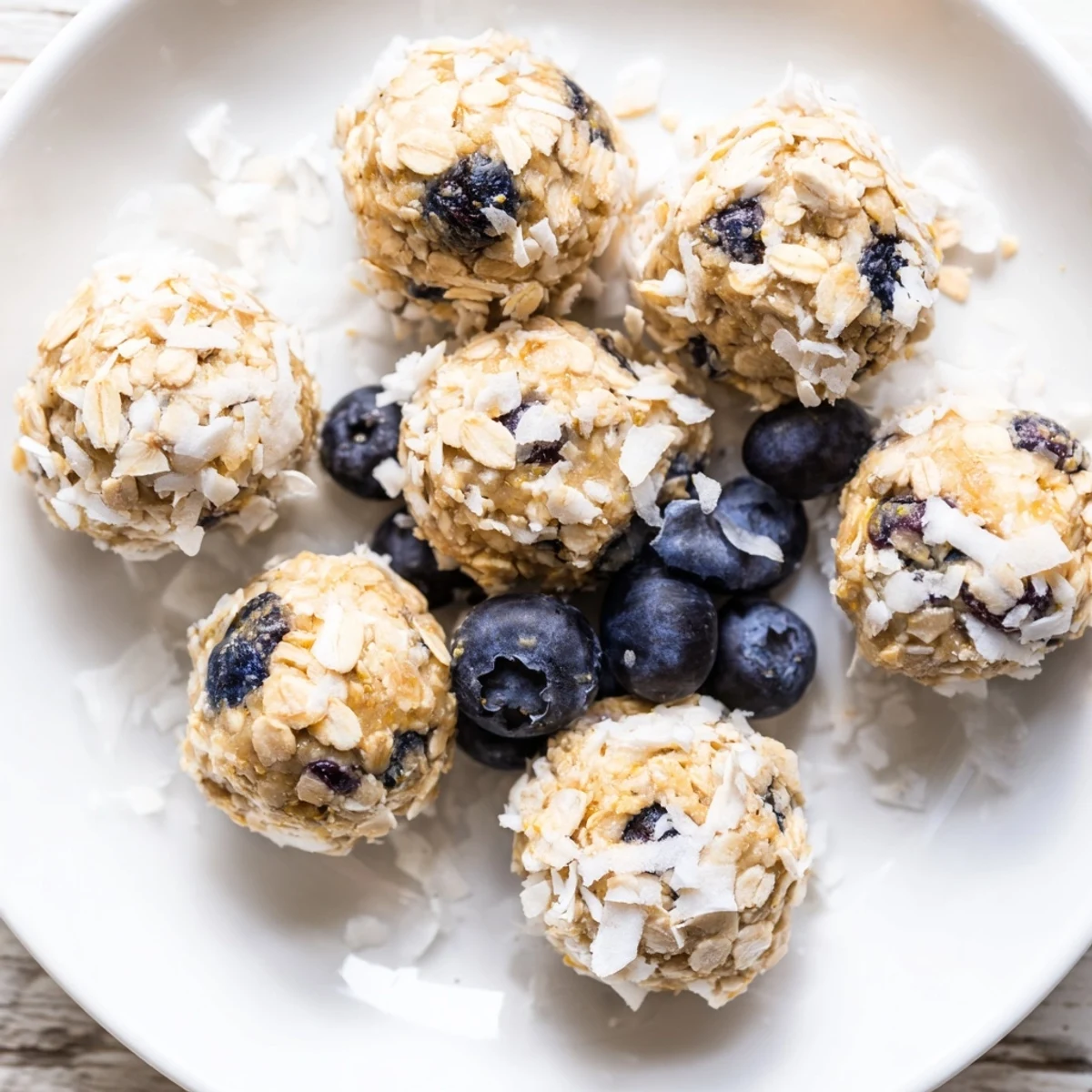 Freshly rolled Lemon Blueberry Cottage Cheese Protein Bites studded with blueberries, ready for a healthy snack.