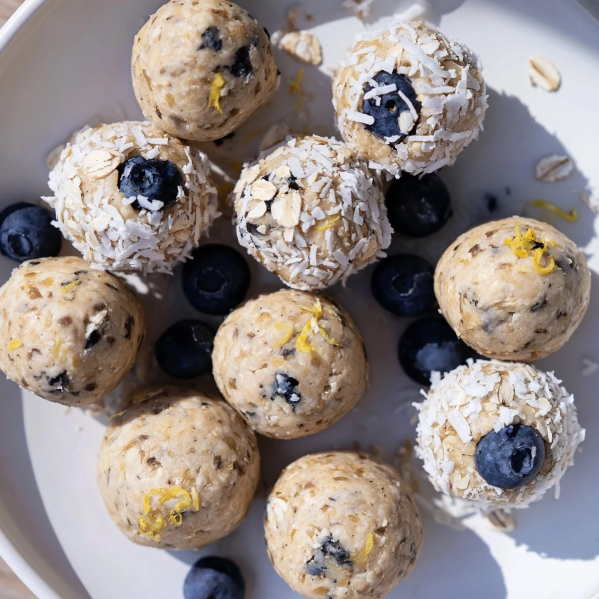 Close-up of Lemon Blueberry Cottage Cheese Protein Bites showing creamy texture and bright blueberry and lemon zest.