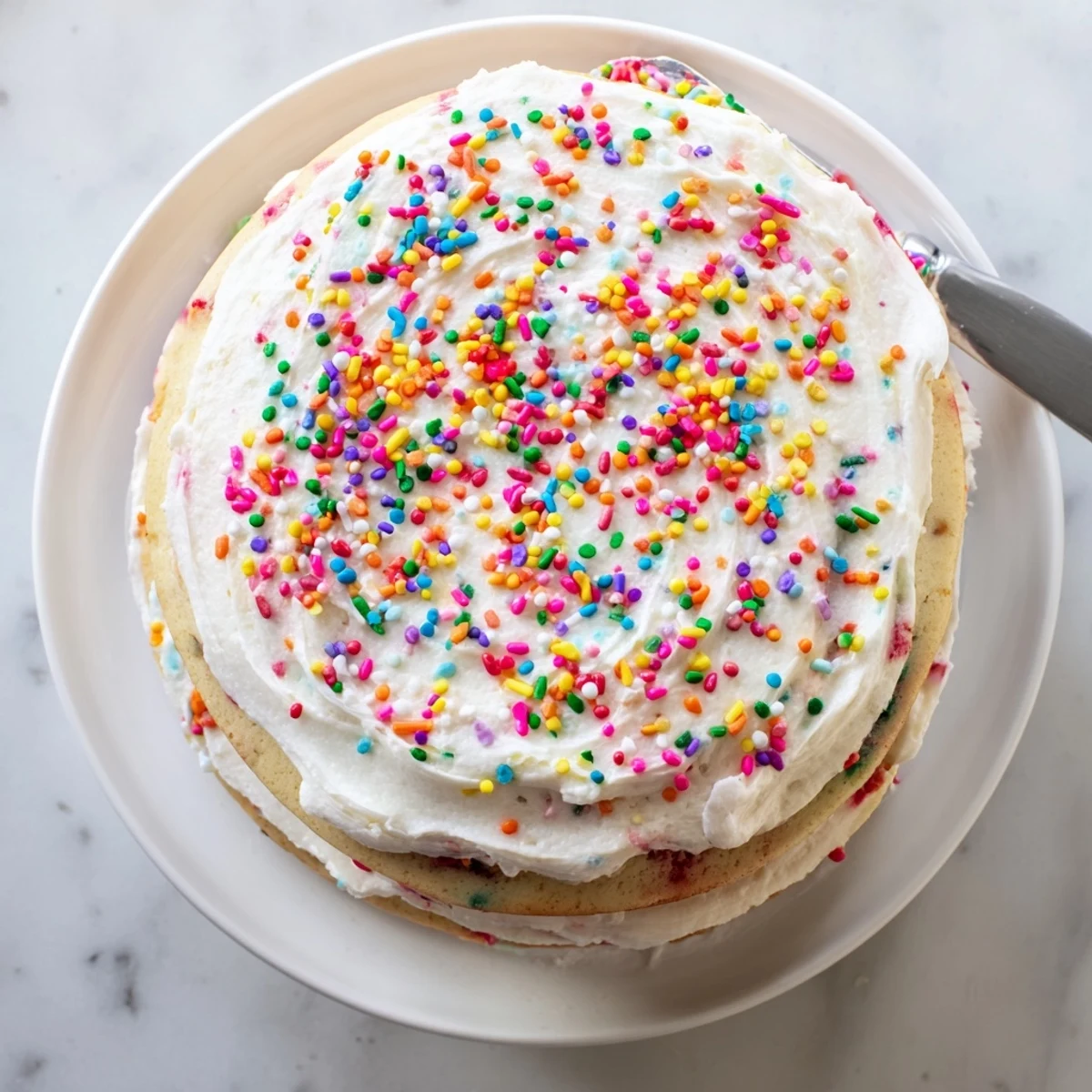 Moist layers of Gluten-Free Funfetti Birthday Cake are frosted and topped with vibrant rainbow sprinkles for celebration.