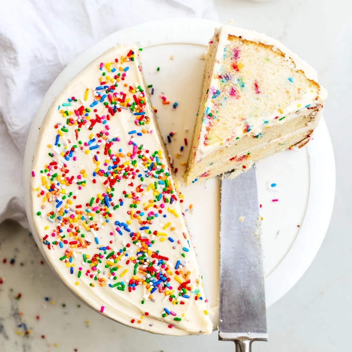 A close-up shows a slice of Gluten-Free Funfetti Birthday Cake with soft crumb and creamy vanilla frosting.