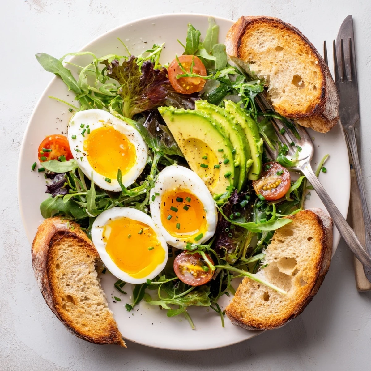 Soft-boiled eggs, crisp toast, and fresh greens create a wholesome breakfast plate with vibrant colors and textures.