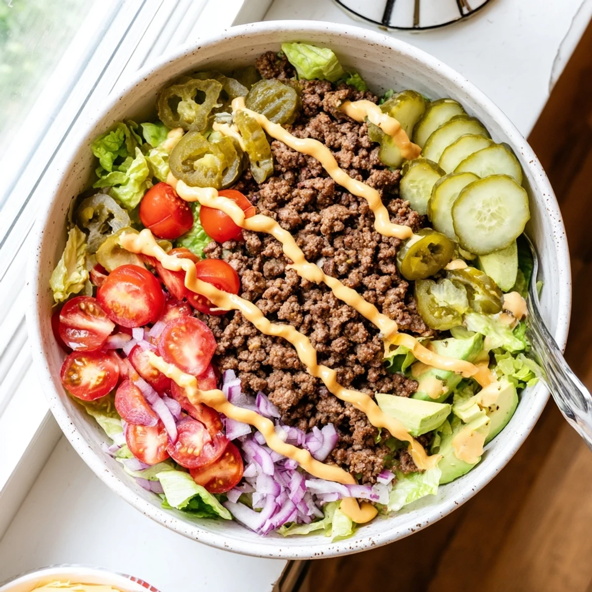 Freshly prepared Burger Bowls topped with diced avocado, cherry tomatoes, pickles, and drizzled with tangy homemade burger sauce.