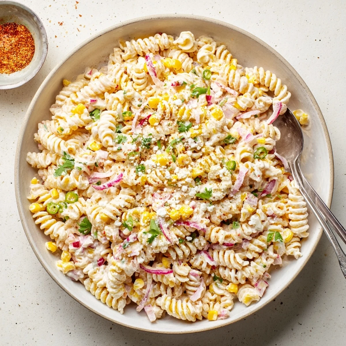 Bright Mexican Street Corn Pasta Salad in a white bowl with creamy dressing, sweet corn, and crumbled cotija cheese.