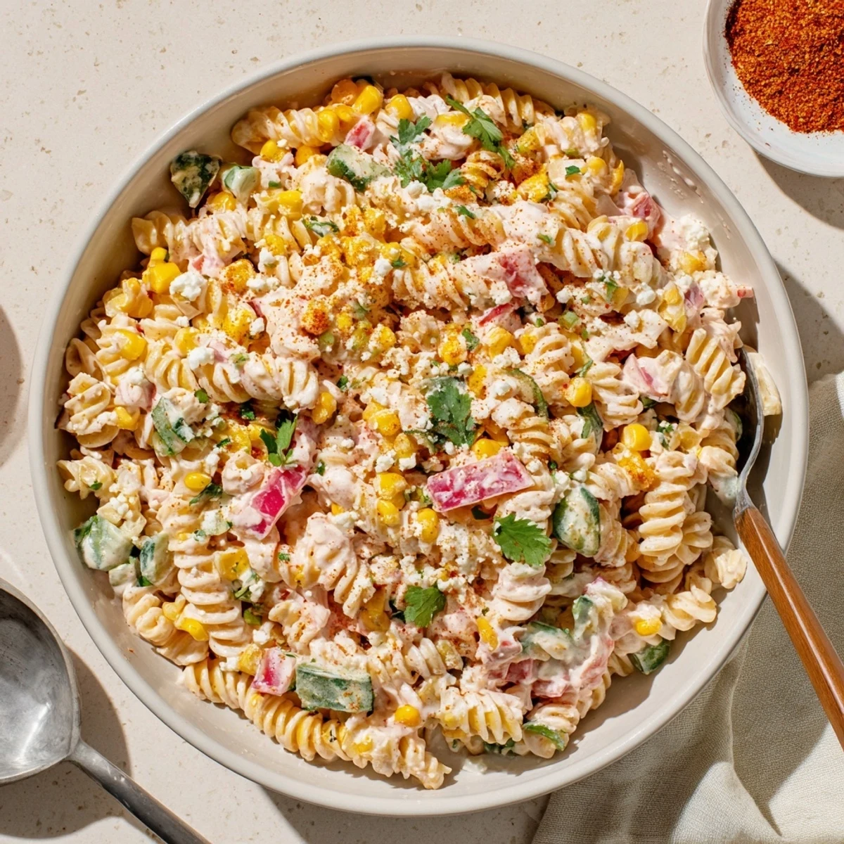 A close-up of chilled Mexican Street Corn Pasta Salad topped with jalapeños, red onion, and fresh cilantro.