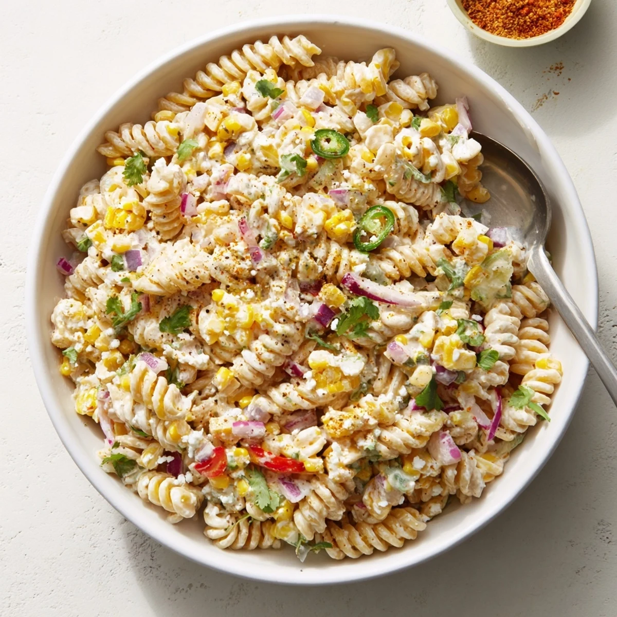Served Mexican Street Corn Pasta Salad on a picnic table with lime wedges and extra cheese for garnish.