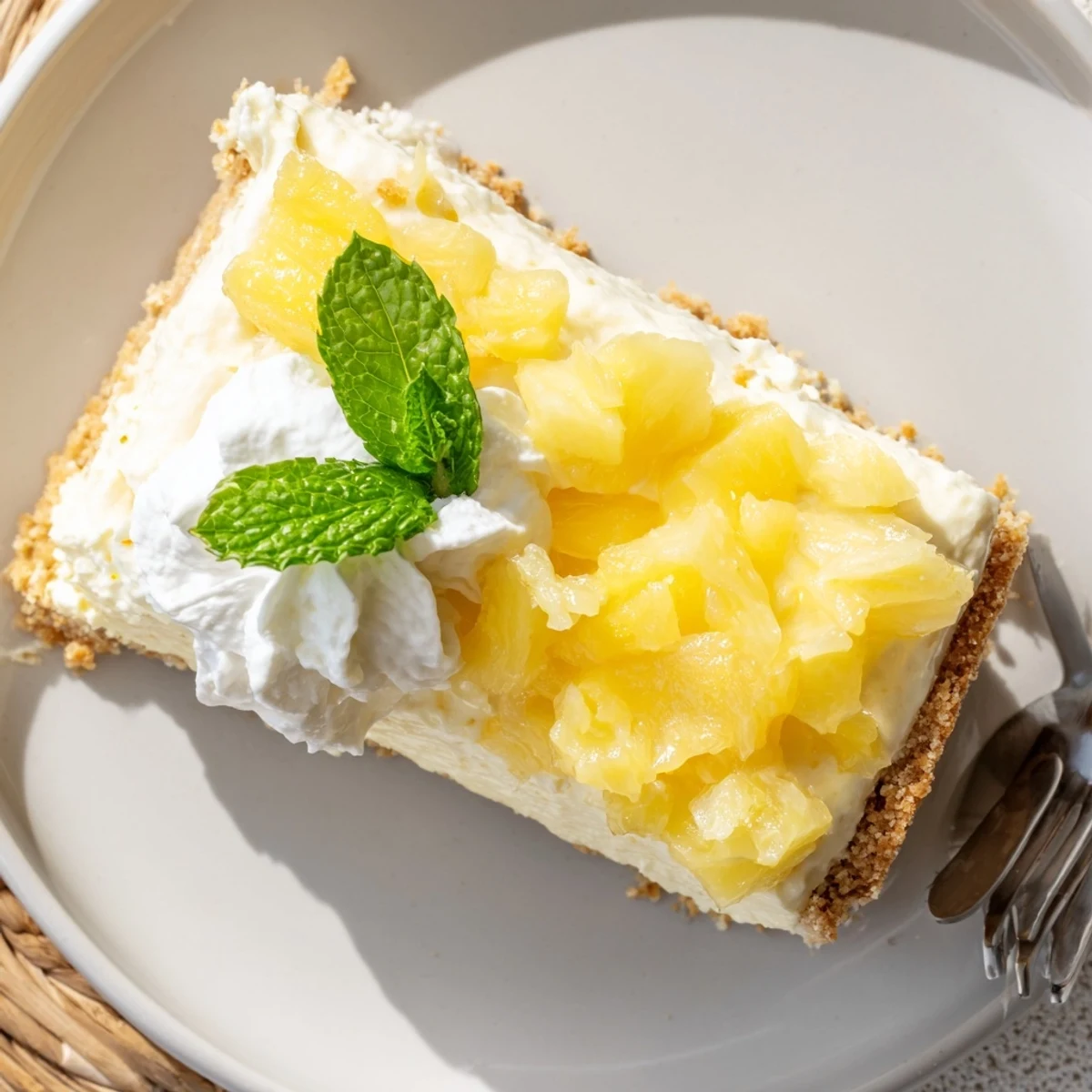 A slice of no bake pineapple cheesecake with creamy filling and a buttery graham cracker crust.