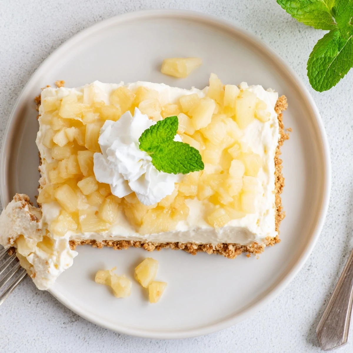 Summer no bake pineapple cheesecake served chilled with crushed pineapple and fresh mint garnish.