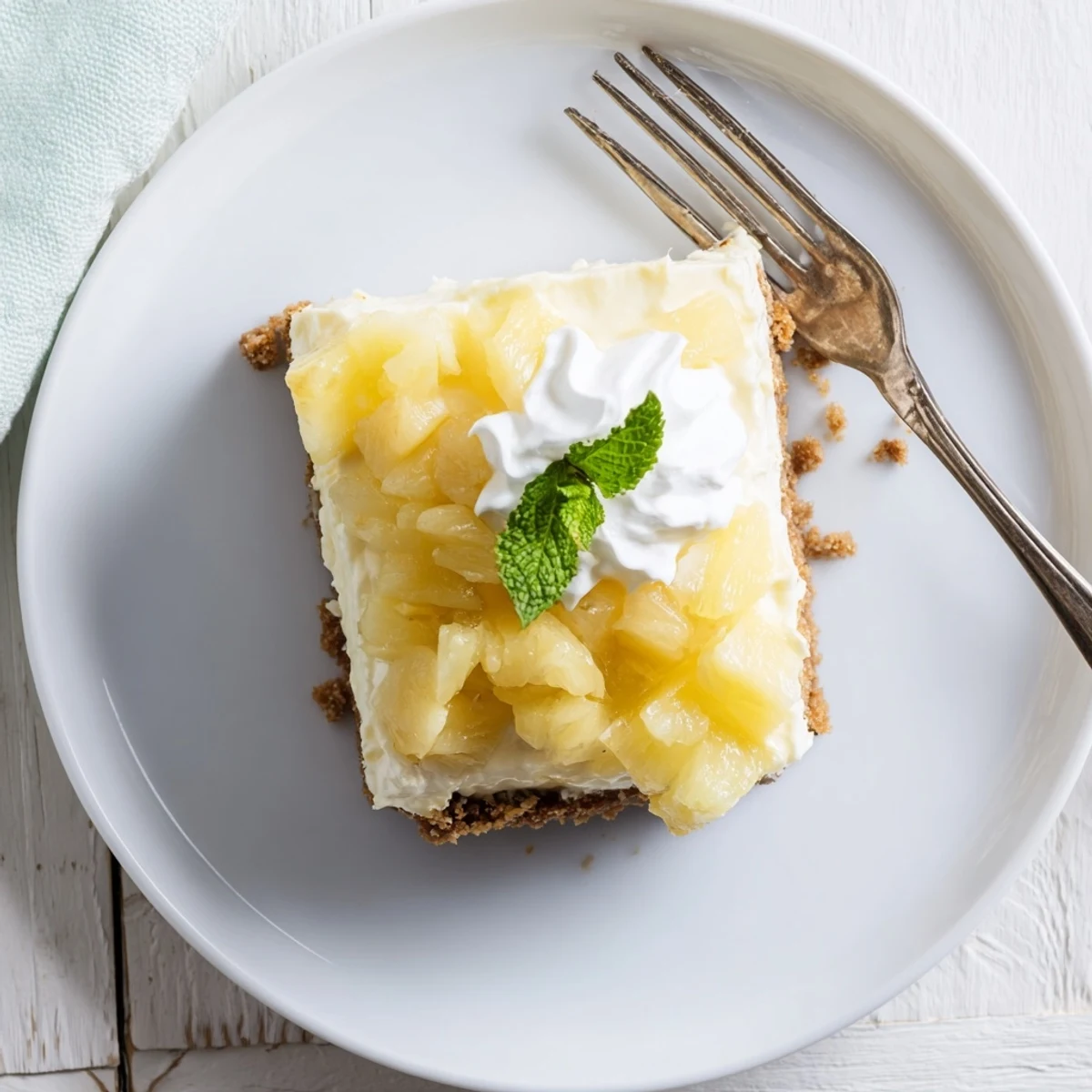 No bake pineapple cheesecake on a white plate, garnished with pineapple chunks and optional whipped cream.