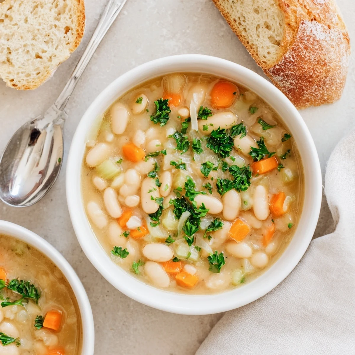 Steamy bowl of cozy white bean soup featuring tender carrots and aromatic rosemary
