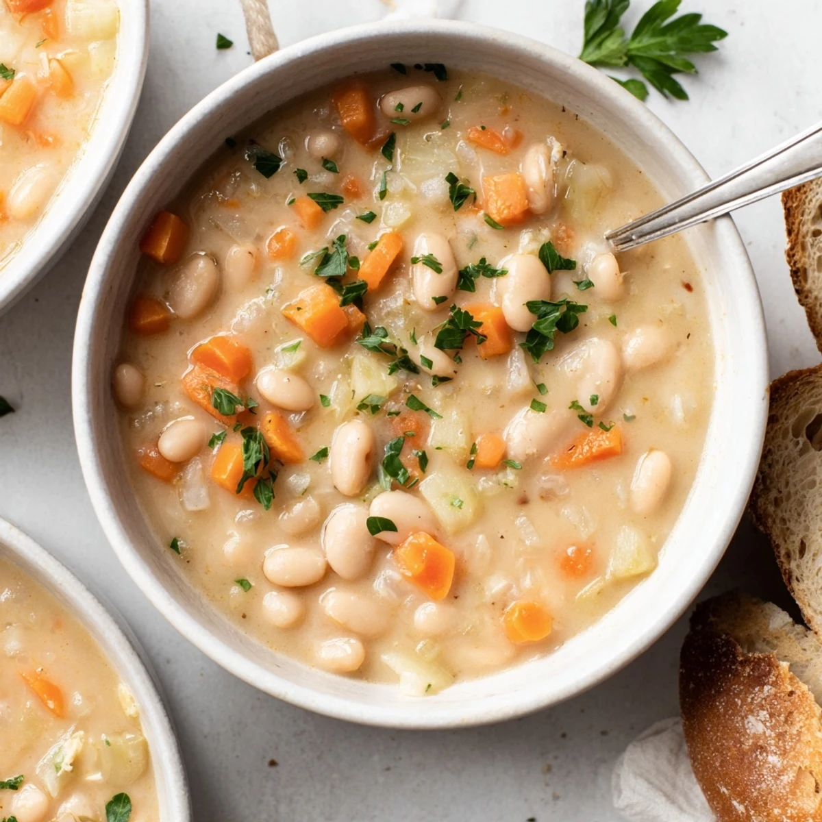 Golden rosemary garlic white bean soup served in rustic bowl with bread slices