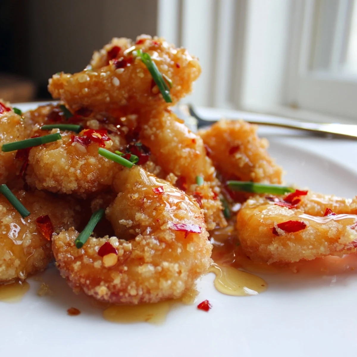 Golden crispy hot honey fried shrimp drizzled with spicy sweet glaze and fresh herbs