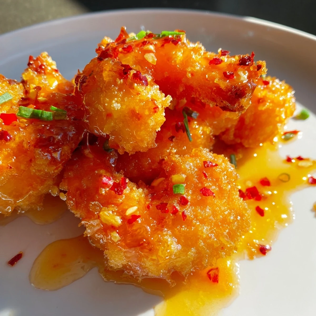 Plate of golden brown hot honey fried shrimp garnished with chopped chives