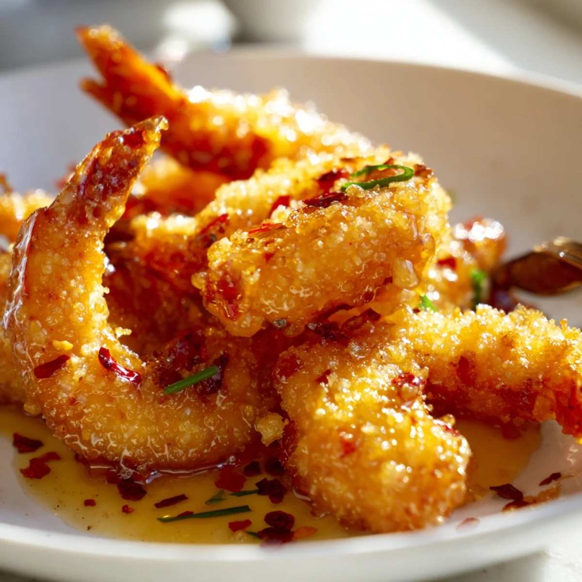 Crispy fried shrimp coated in sticky hot honey sauce served with lemon wedges
