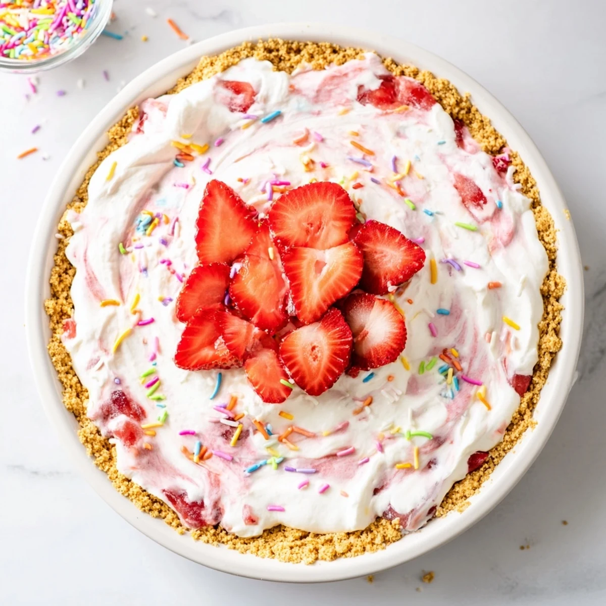 Creamy strawberry no bake Easter pie with graham cracker crust topped with whipped cream and fresh sliced strawberries