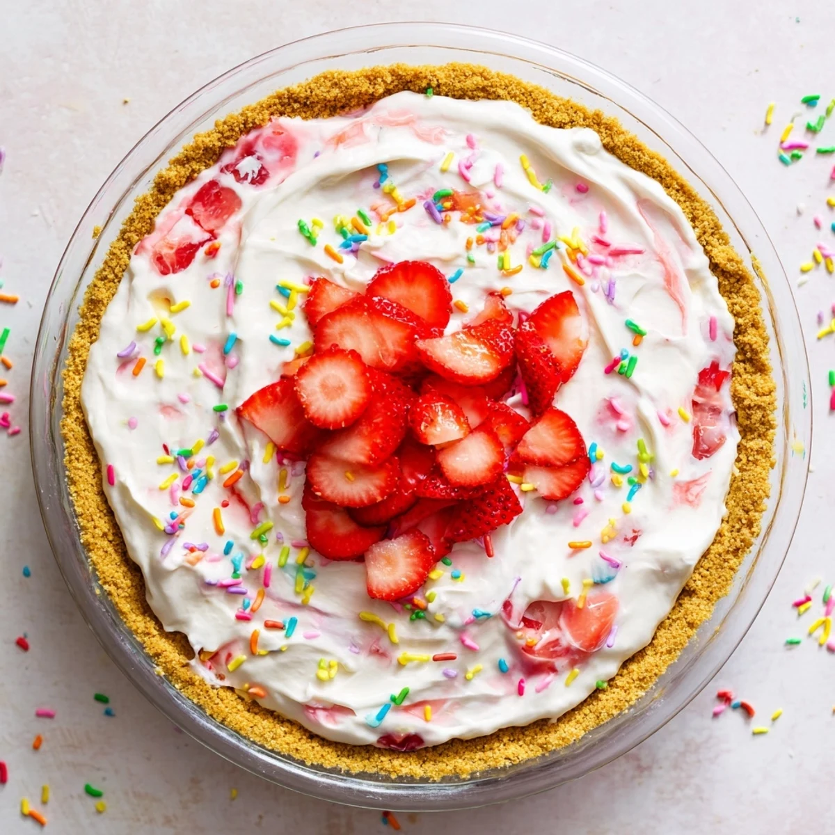 Festive spring dessert featuring layers of vanilla cream cheese filling and strawberry Jello in a buttery crust