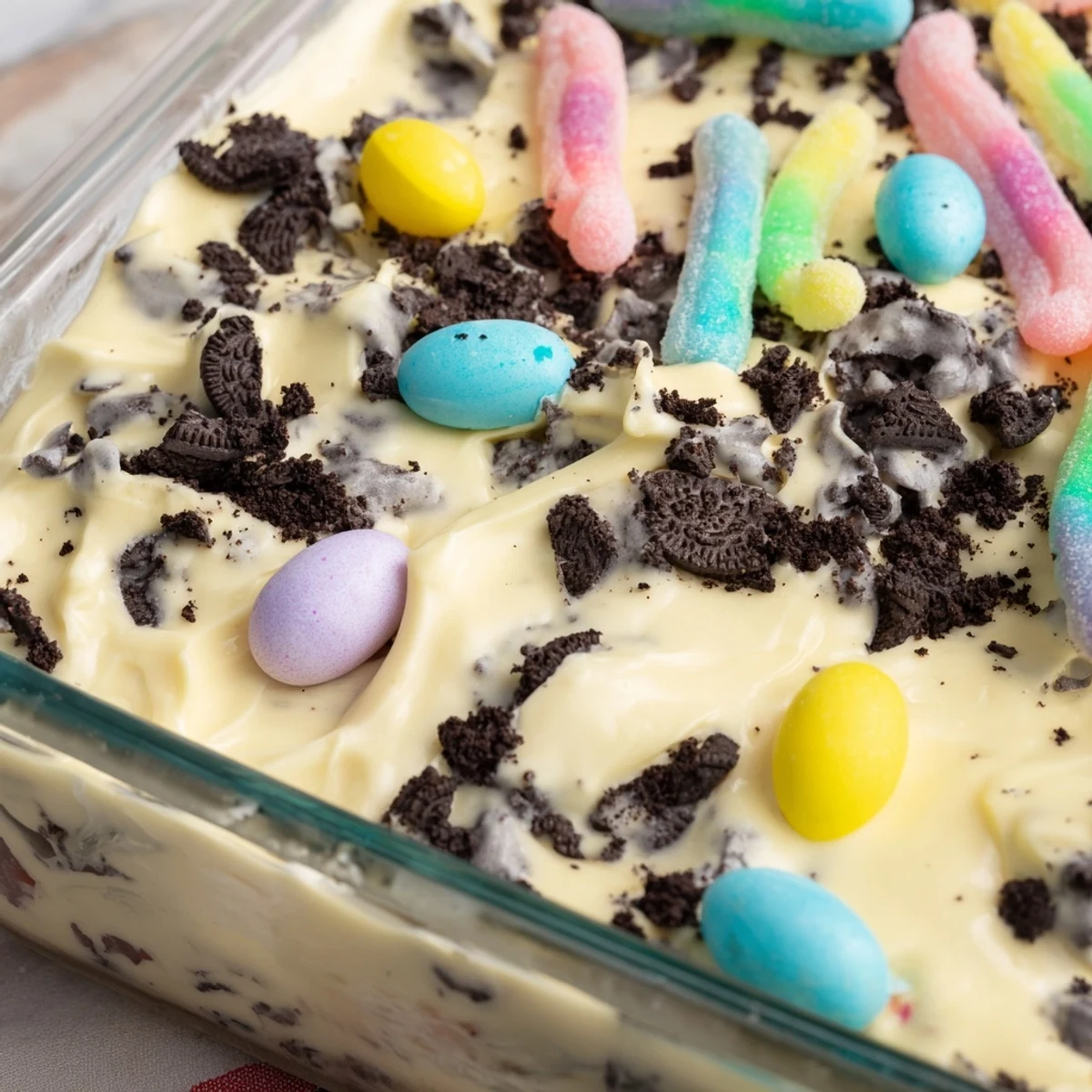 Easter Dirt Cake Casserole displayed in a glass dish with gummy worms peeking through chocolate cookie crumbs