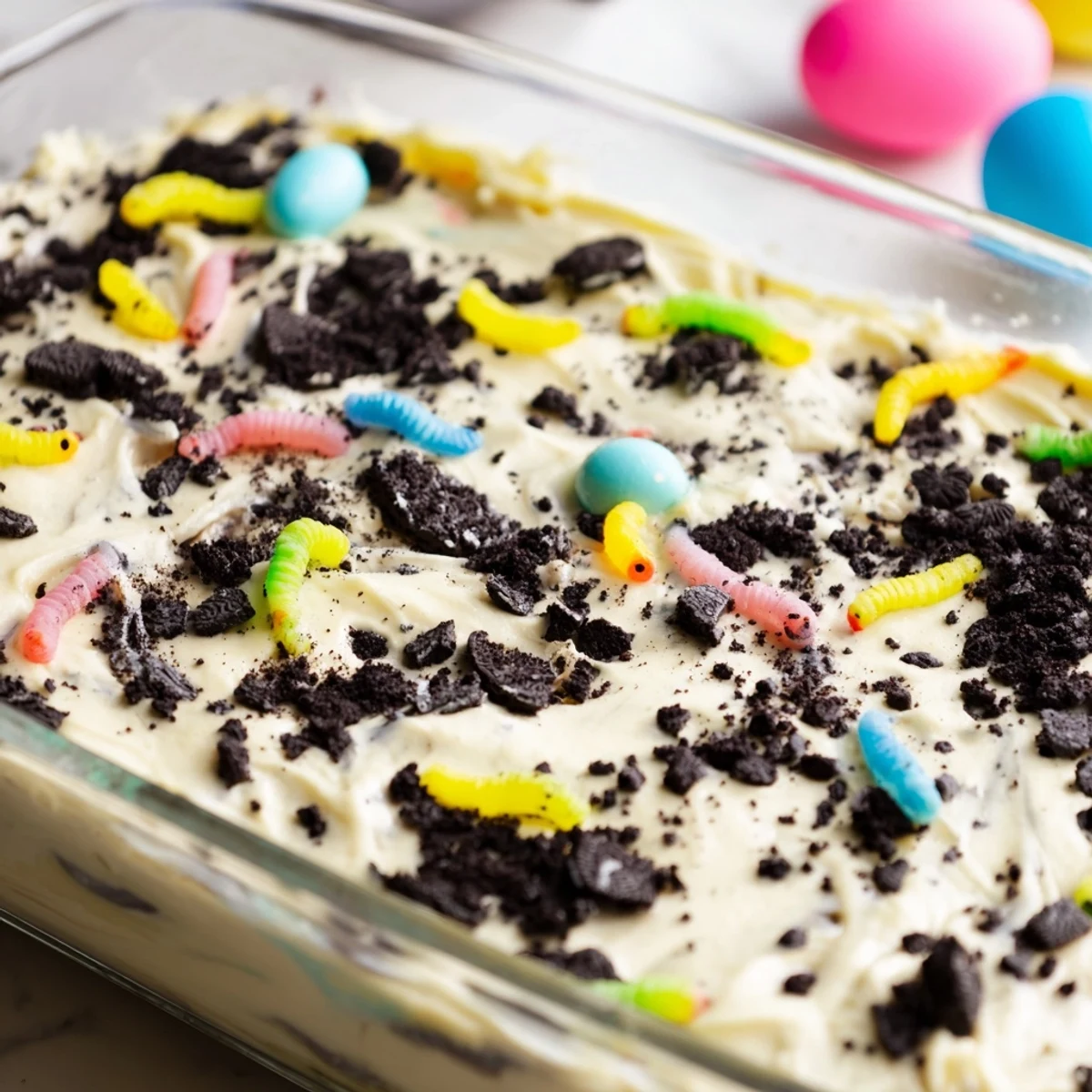 Creamy no-bake Easter Dirt Cake Casserole topped with pastel candy eggs and green coconut grass