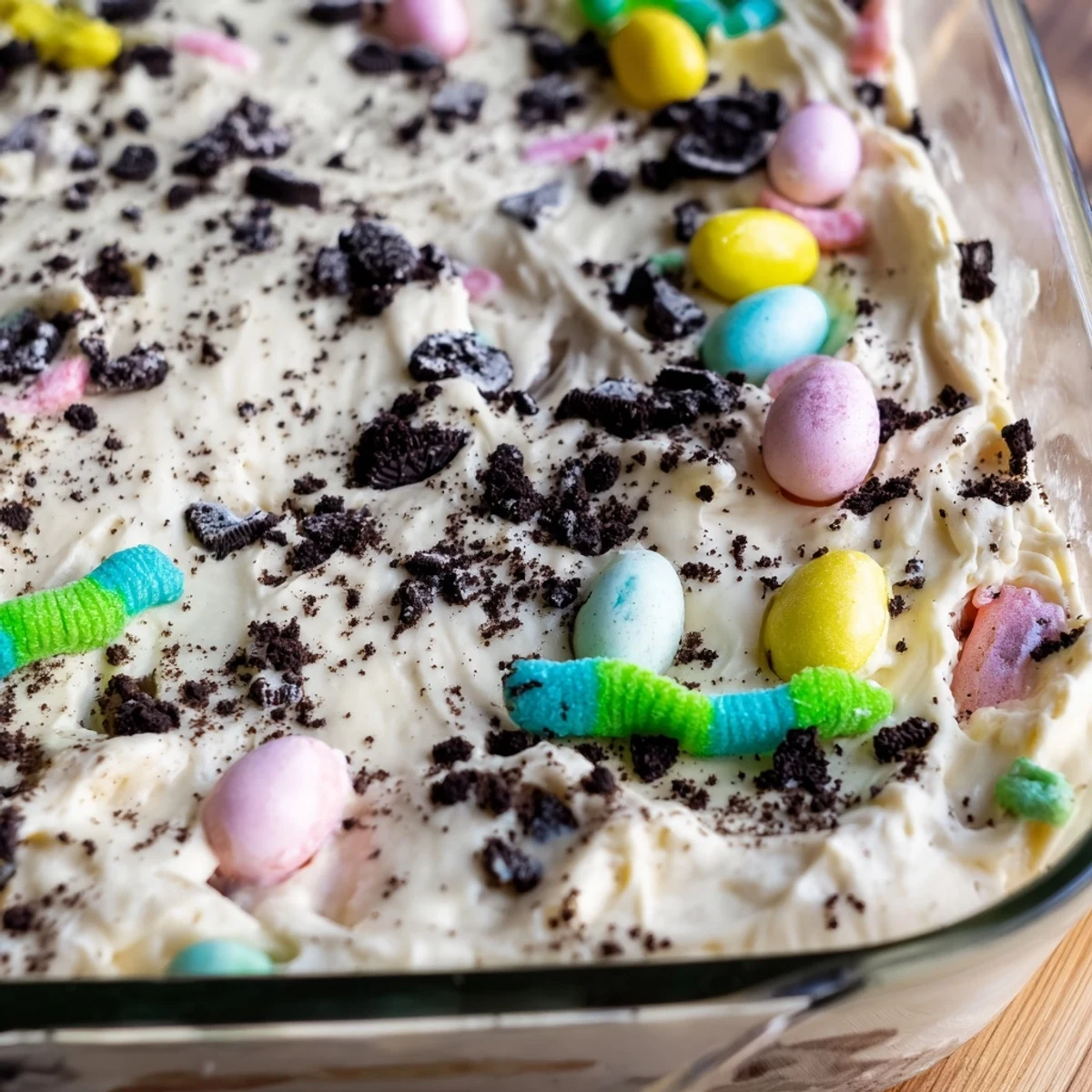 Spoonful of layered Easter Dirt Cake Casserole showing vanilla pudding and crushed Oreo dirt texture