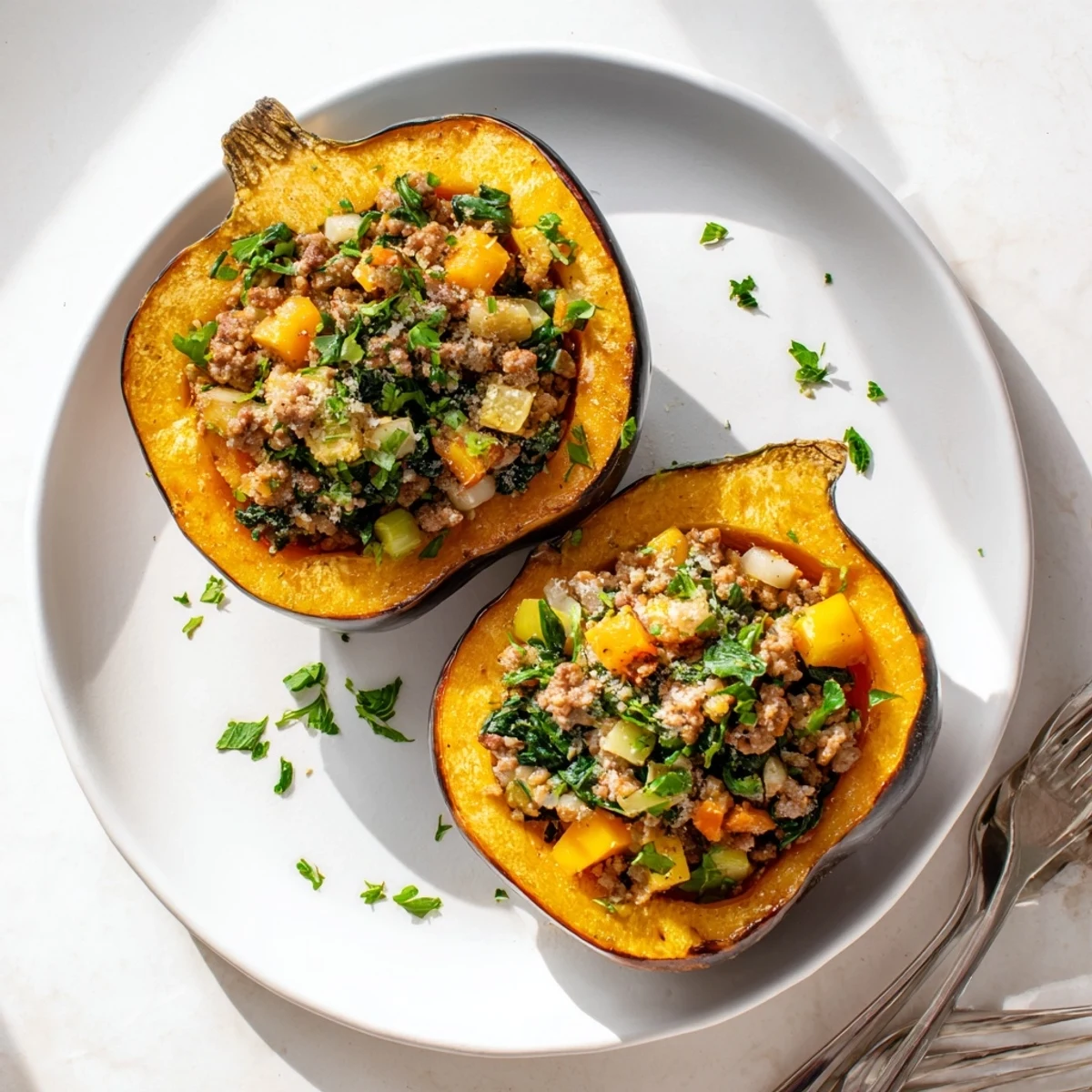 Roasted acorn squash stuffed with savory turkey and vegetable filling, garnished with fresh parsley and Parmesan cheese.  
