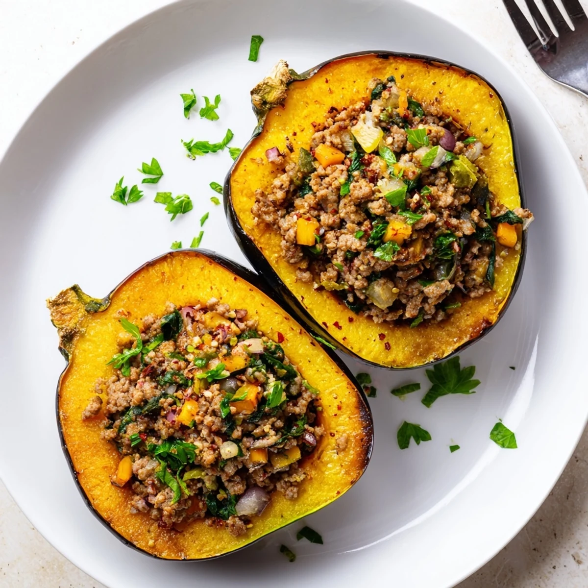 Hearty turkey and apple stuffing nestled inside tender acorn squash halves, perfect for a comforting autumn dinner.  