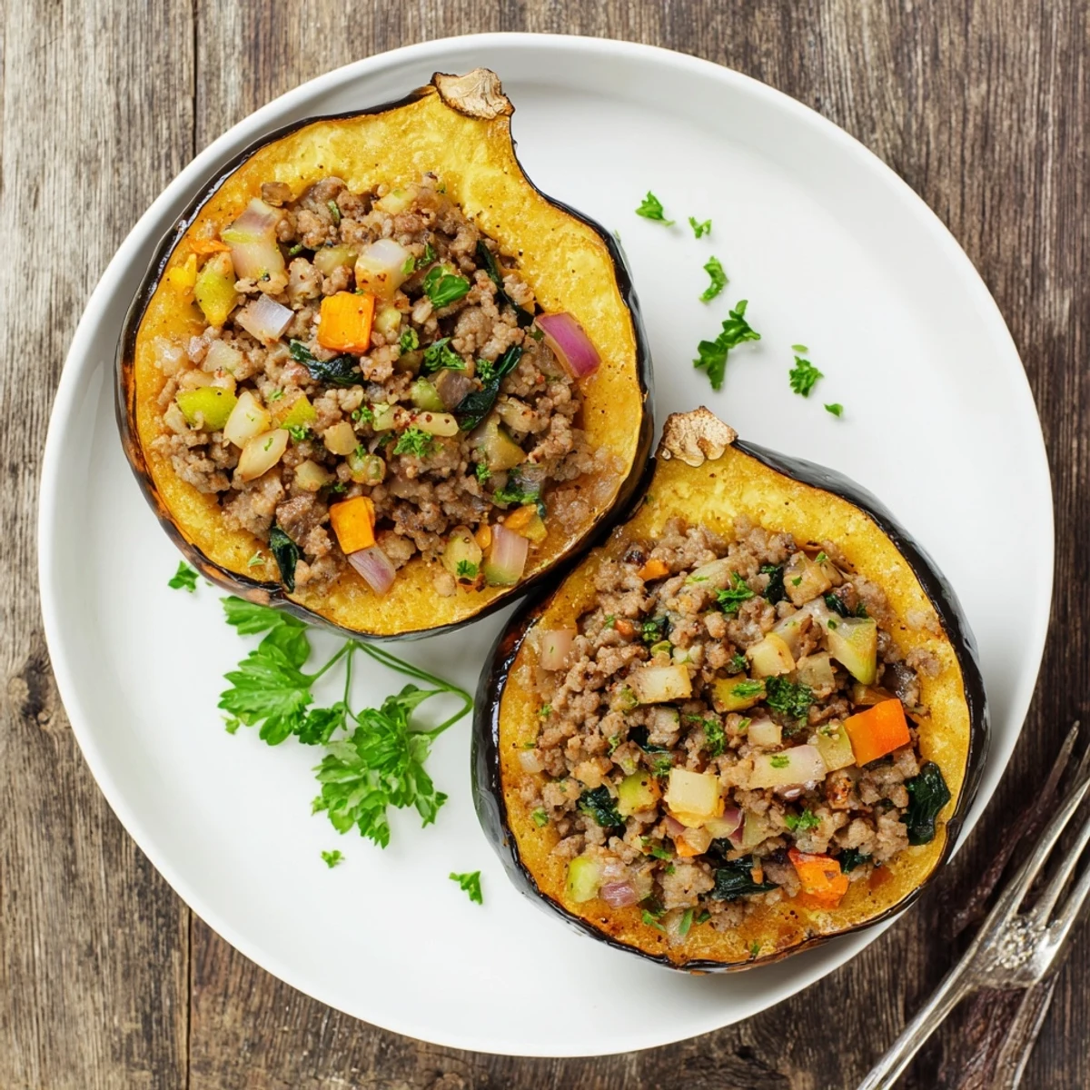Golden-baked acorn squash filled with seasoned ground turkey, carrots, celery, and spinach, topped with melted Parmesan.