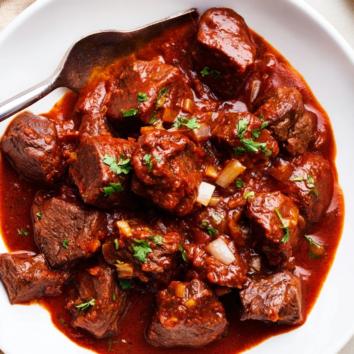 Tender beef cubes simmered in rich Indian beef curry with tomato gravy, garnished with fresh cilantro