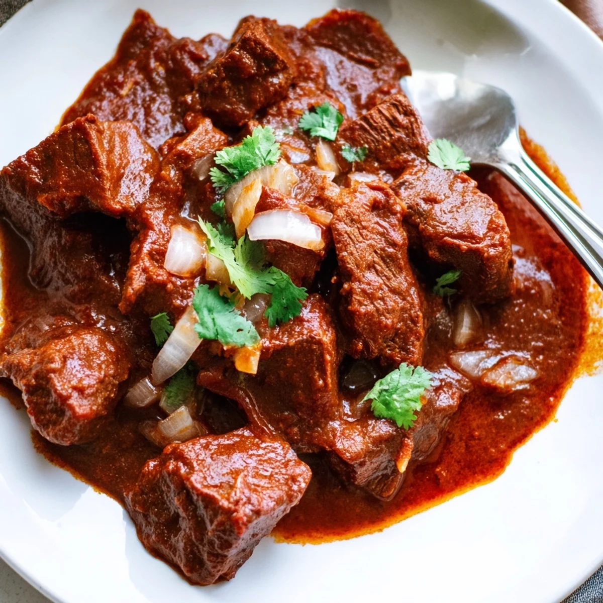 Steamy bowl of aromatic Indian beef curry with tomato gravy served over fluffy white basmati rice
