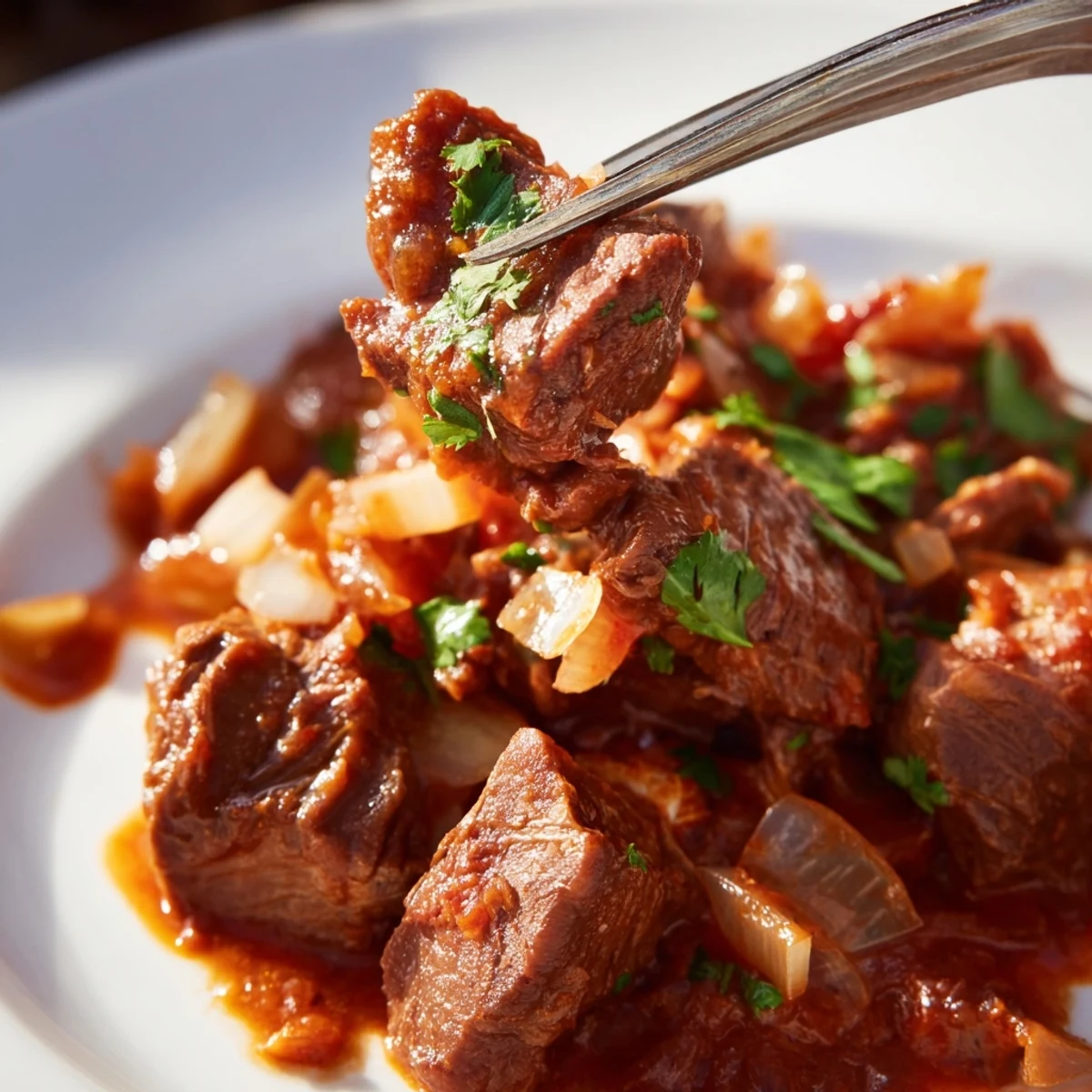 Golden brown beef chunks in spiced Indian beef curry with tomato gravy, topped with lemon wedges