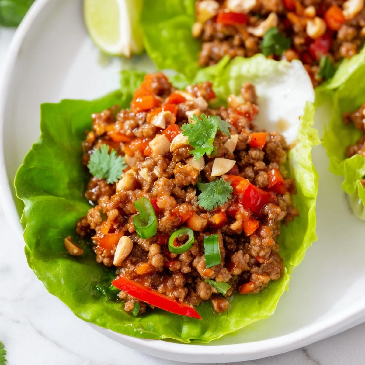 Fresh ground beef and chopped cashews served in crisp butter lettuce cups with colorful vegetables