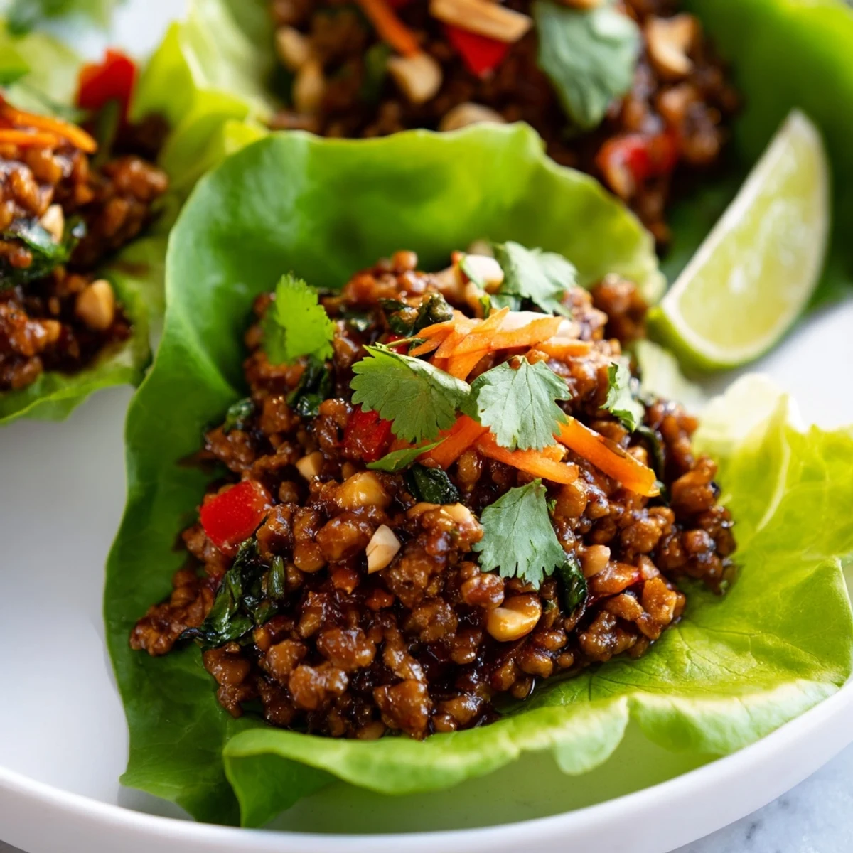 Garnished beef and cashew mixture piled into crisp lettuce cups topped with cilantro and lime wedges