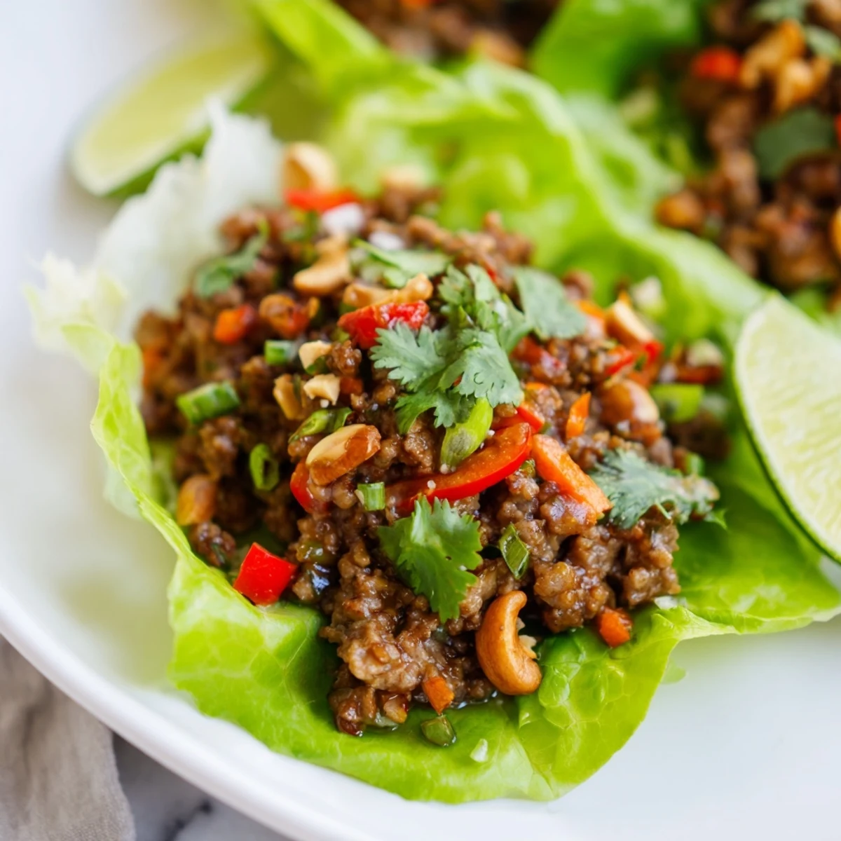 Savory Asian-style beef filling with crunchy cashews spooned into green lettuce leaves for easy appetizer bites