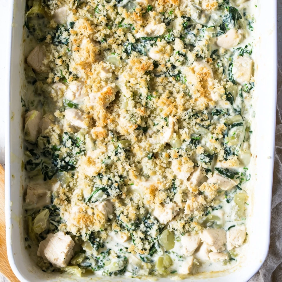 Golden brown spinach and artichoke chicken casserole with melted cheese topping and breadcrumbs