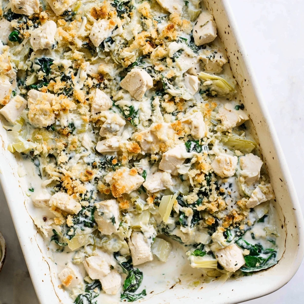 Creamy baked chicken casserole featuring spinach, artichokes, and crispy golden Parmesan breadcrumb topping