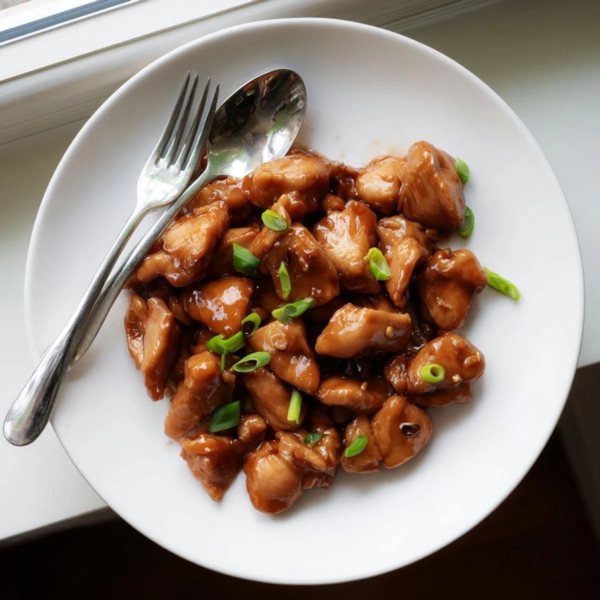 Golden brown Mongolian chicken pieces coated in a glossy sweet and savory soy ginger glaze