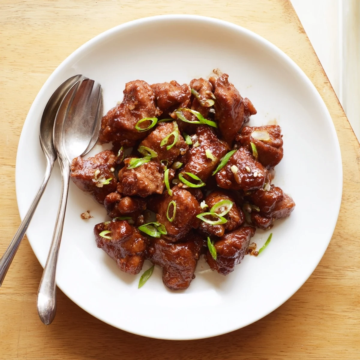 Easy sweet and savory Mongolian chicken served over steamed white rice with sliced green onion garnish