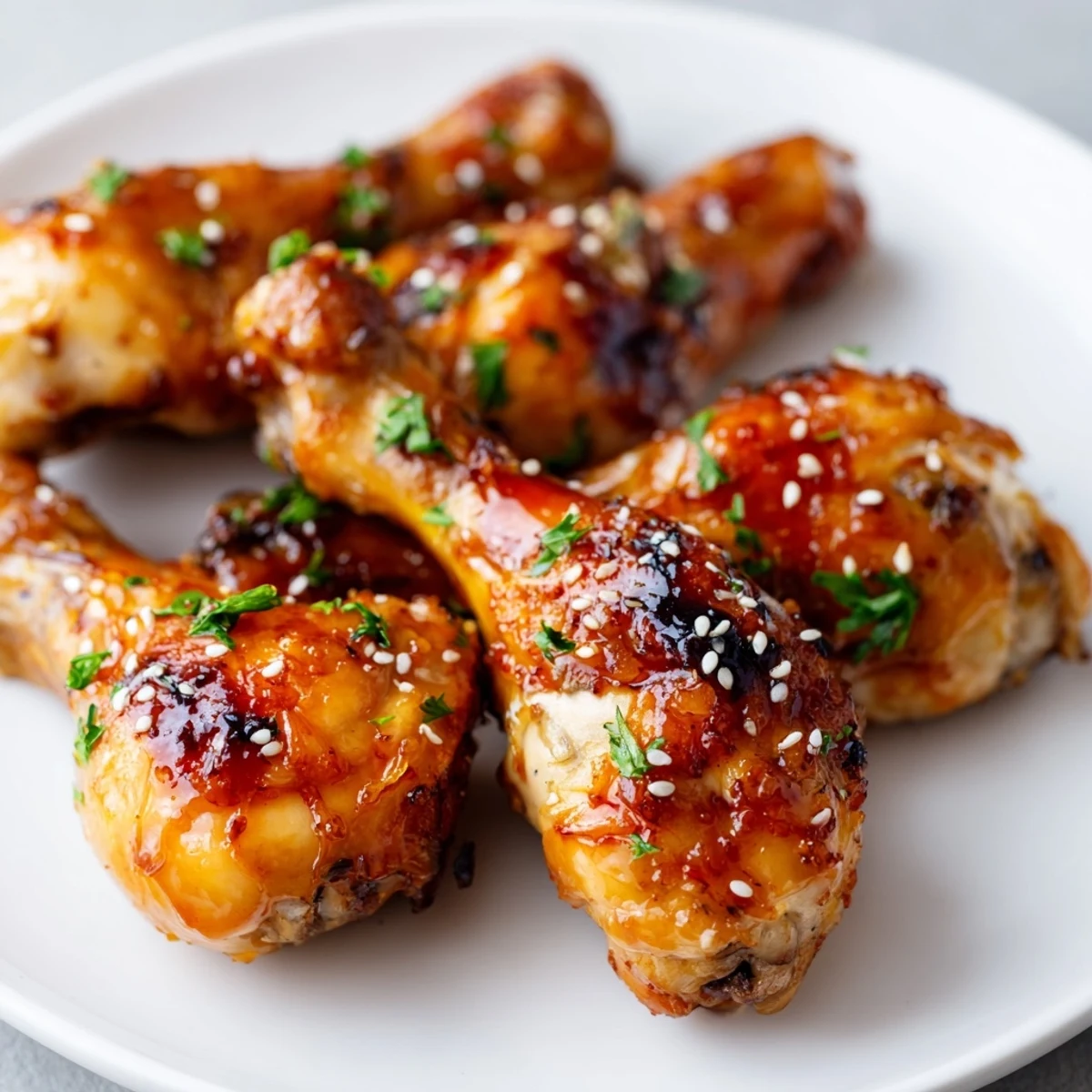 Golden brown honey garlic baked chicken drumsticks glistening with sticky caramelized glaze on a white plate