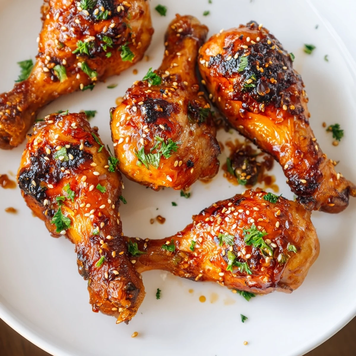 Oven baked honey garlic chicken drumsticks arranged on baking sheet with shiny caramelized exterior and parsley