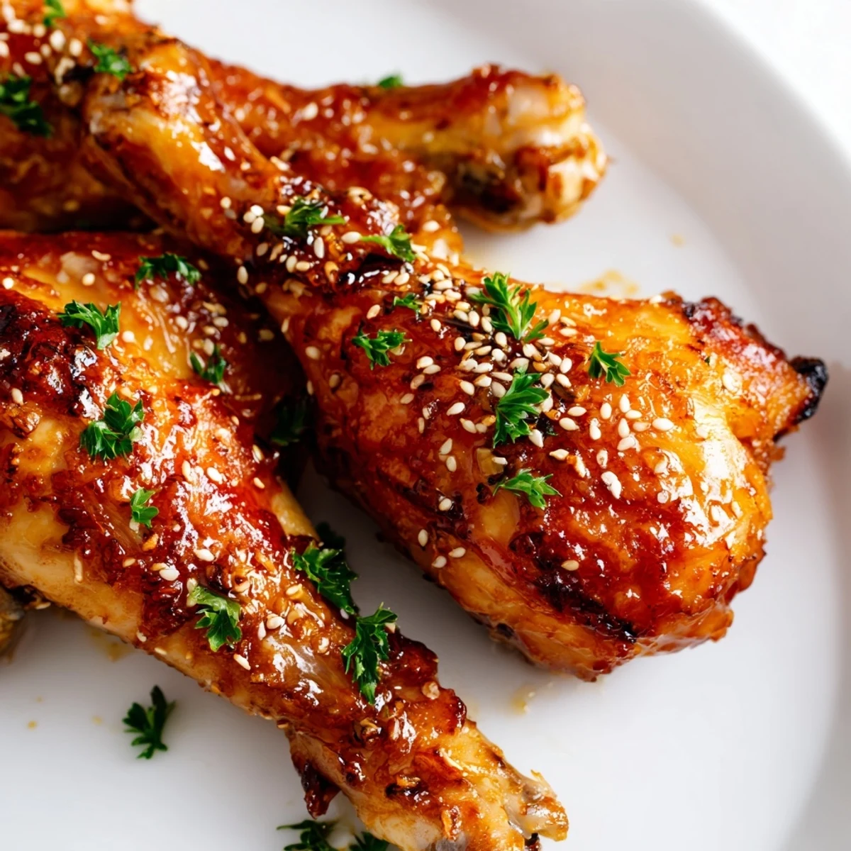 Tender baked chicken drumsticks coated in sweet savory honey garlic sauce garnished with fresh sesame seeds