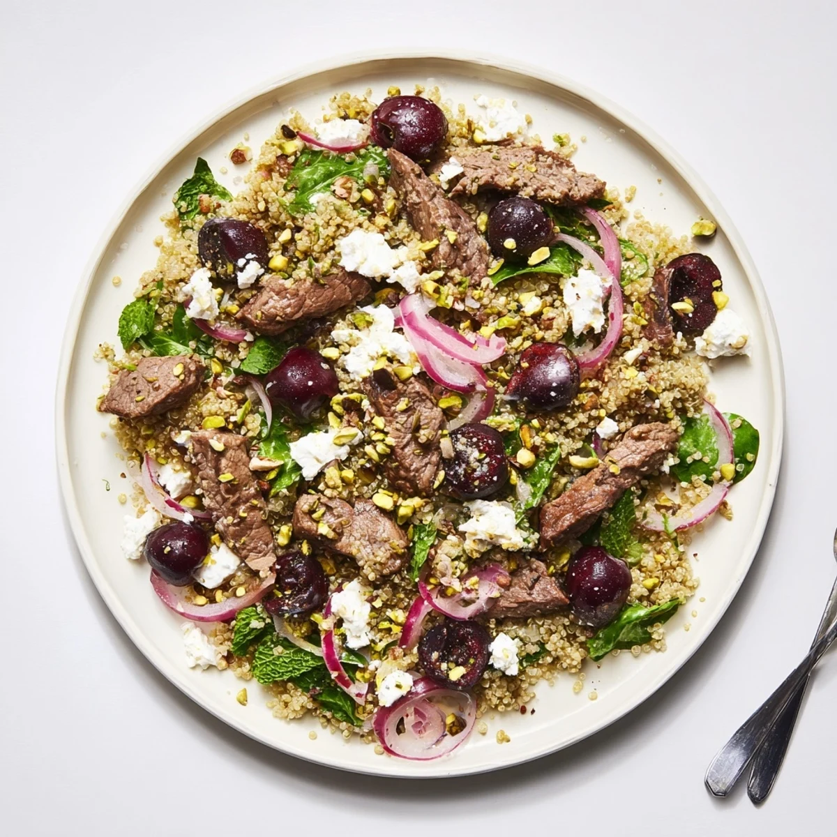 Colorful cherry quinoa salad with lamb topped with crumbled feta and fresh herbs