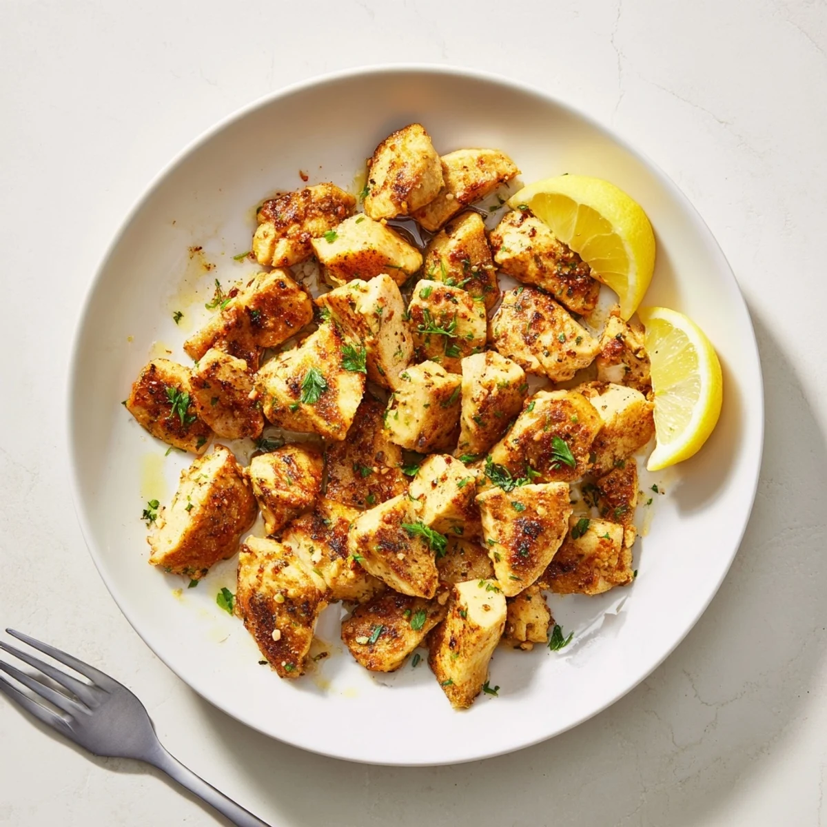 Golden brown Air Fryer Lemon Chicken Bites arranged on a white serving platter garnished with fresh parsley and lemon wedges