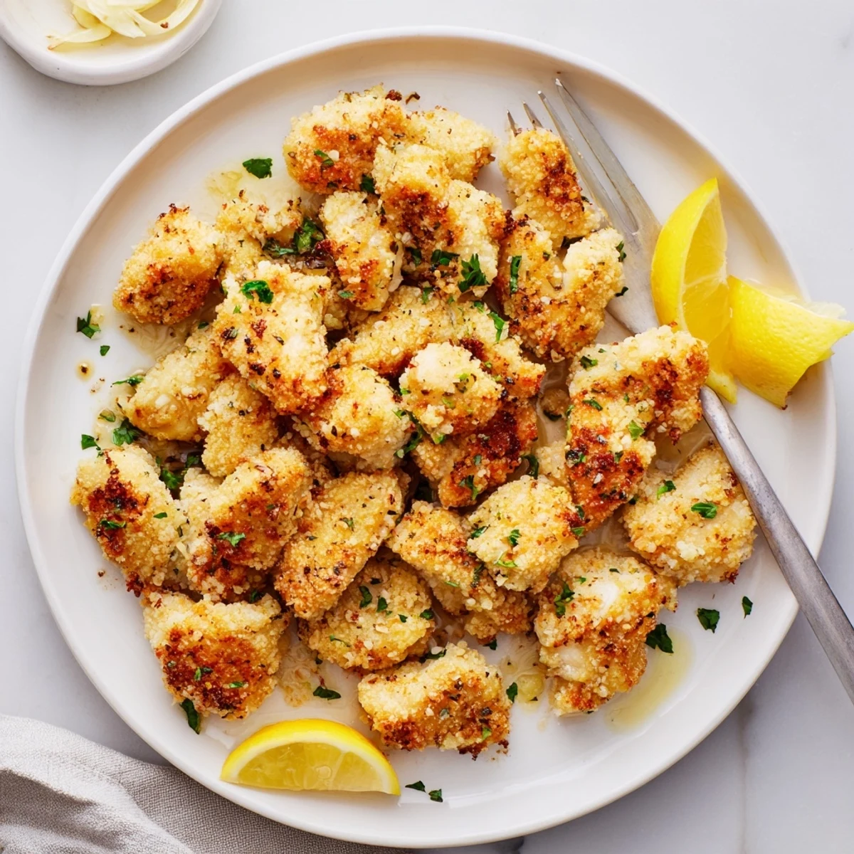 Close-up of marinated lemon chicken pieces cooking in air fryer turning perfectly golden brown with visible zest and herbs