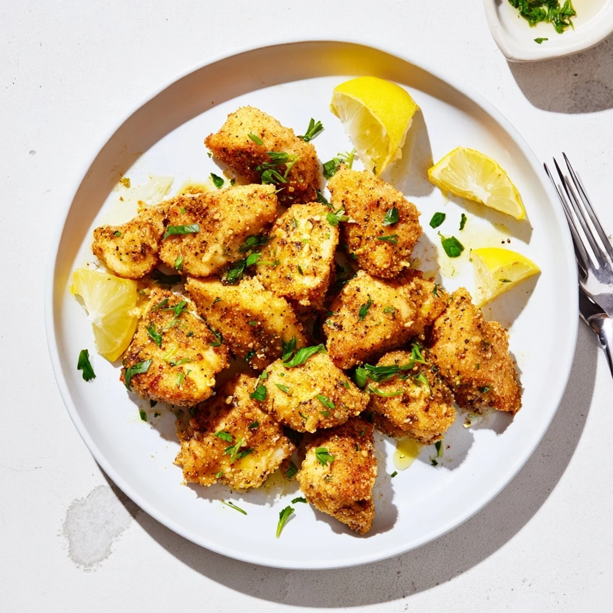 Crispy lemon herb chicken bites spilling out of a metal air fryer basket with golden edges and tender juicy centers