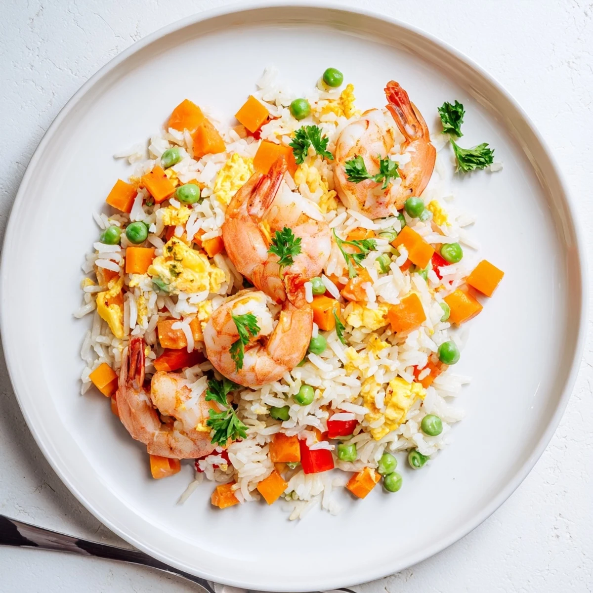 Golden garlic prawns nestled atop vibrant sweet chilli fried rice with colorful diced vegetables