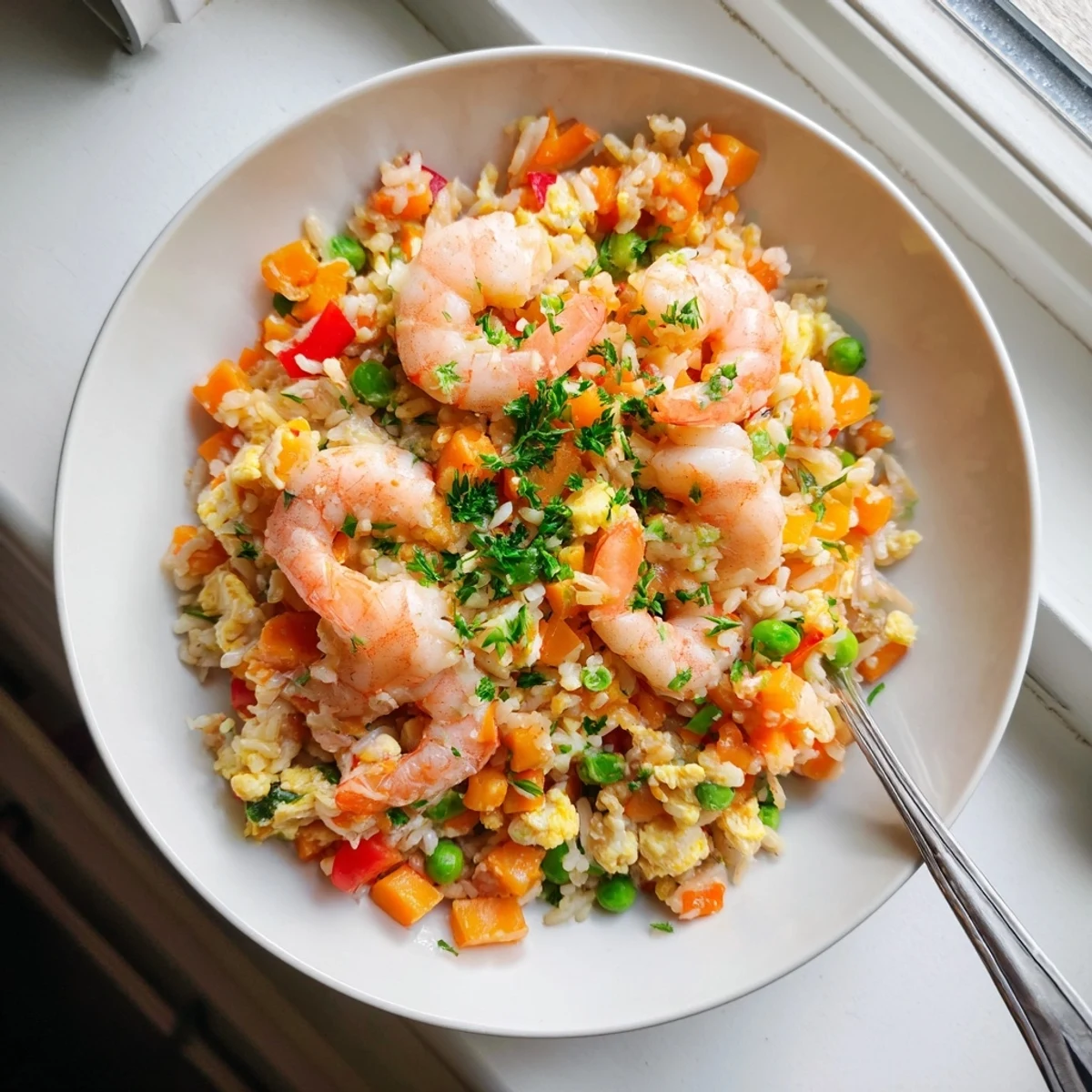 Succulent garlic prawns arranged over steaming Asian fried rice coated in sweet spicy chili sauce