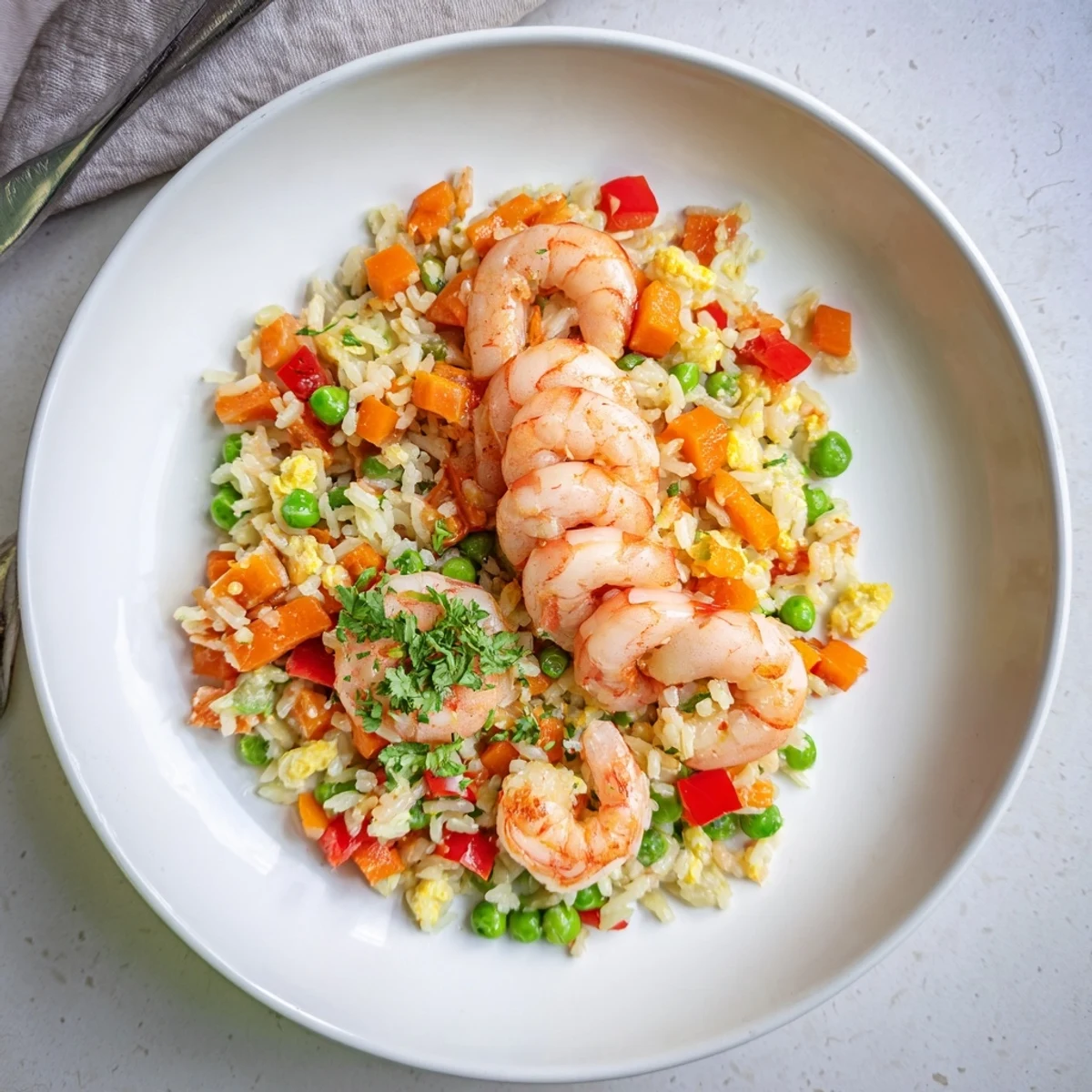 Plate of juicy garlic prawns and sweet chilli fried rice garnished with fresh green parsley